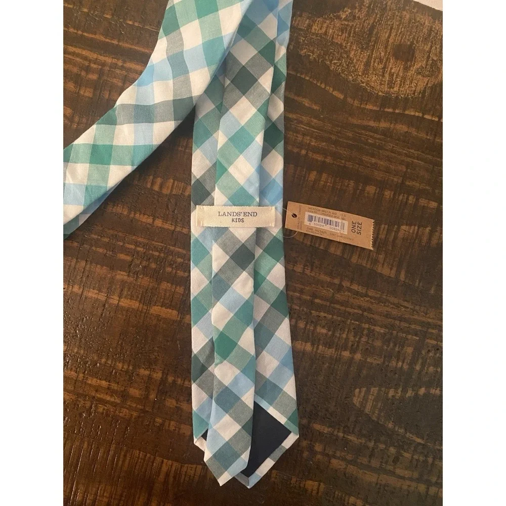 Lands' End Boys Meadow Mist Blue Green Plaid Tie NEW With Tag